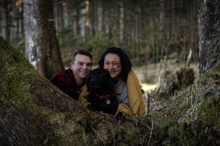 Couples portrait photography in Okanagan BC – with dog in forest.